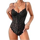 GORGLITTER Women's Sexy Floral Lace Bodysuits Sheer Mesh Underwire Spaghetti Strap Cami Tops Going Out
