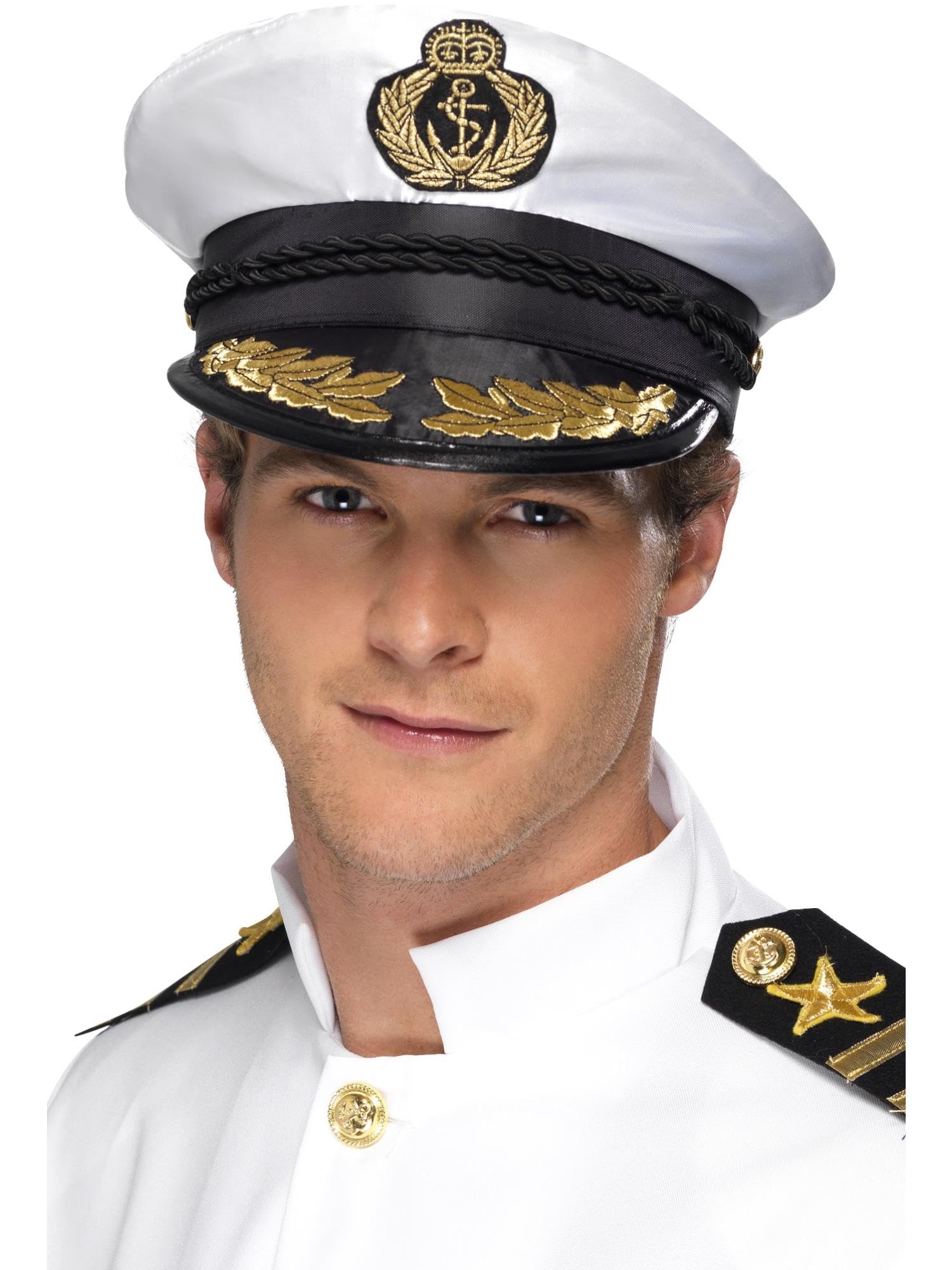 Smiffys Captain Cap, White with Golden Detail, Land, Sea and Air Forces Fancy Dress, Adult Dress Up Hats Halloween