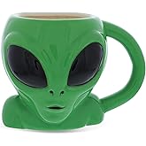 Green Alien Cartoon Novelty Mug: Ceramic Cute Coffee Mugs & Tea Cup, Cool & Unique UFO Shaped Alien Mug for Coffee Lovers Gifts - 17 Oz.