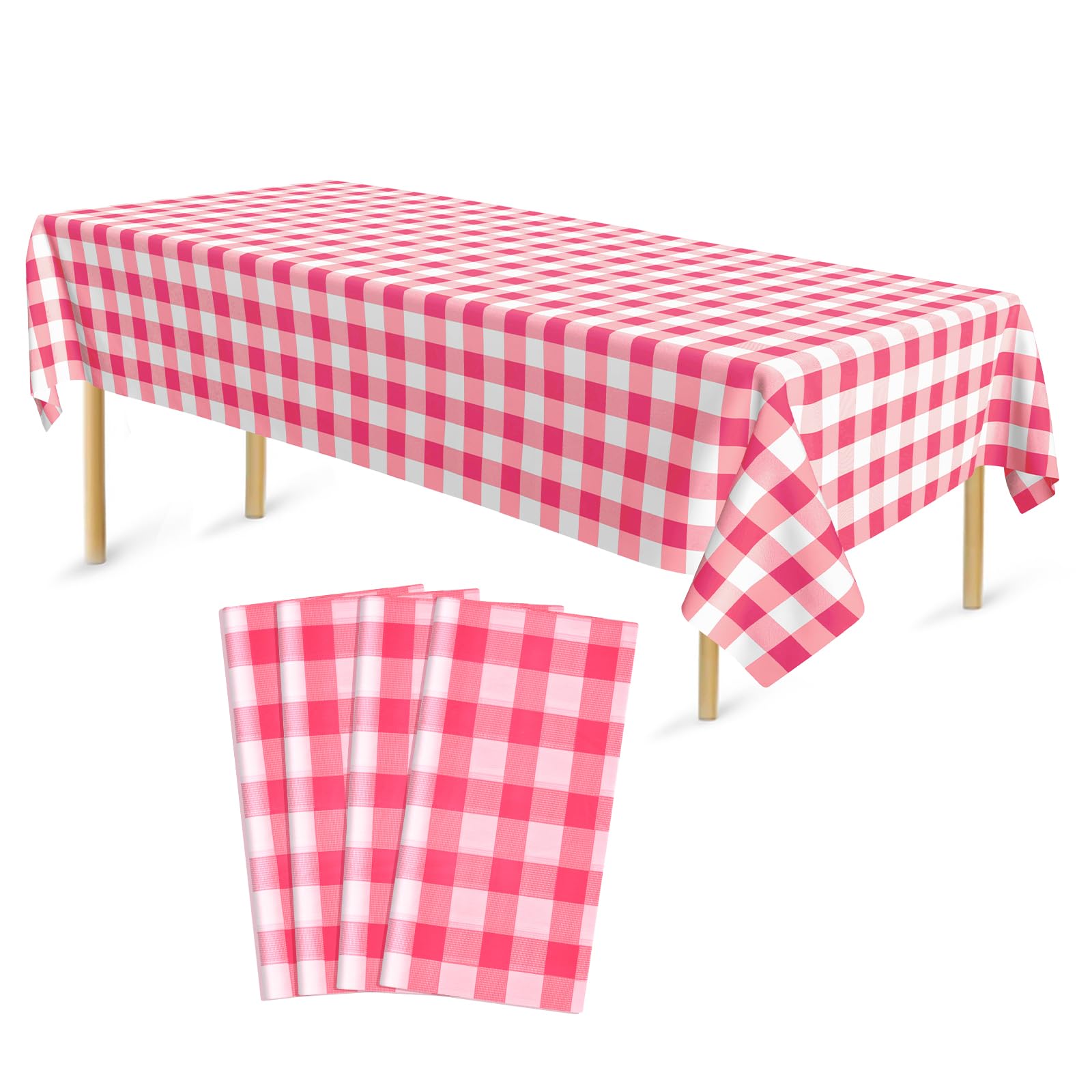Bouiexye 4 Pack Disposable Table Cloth Pink Gingham Plastic Tablecloth 54 x 108 Inch Rectangular Tablecloths for Indoor Outdoor Party Birthdays Weddings Christmas Anniversary Buffet Table