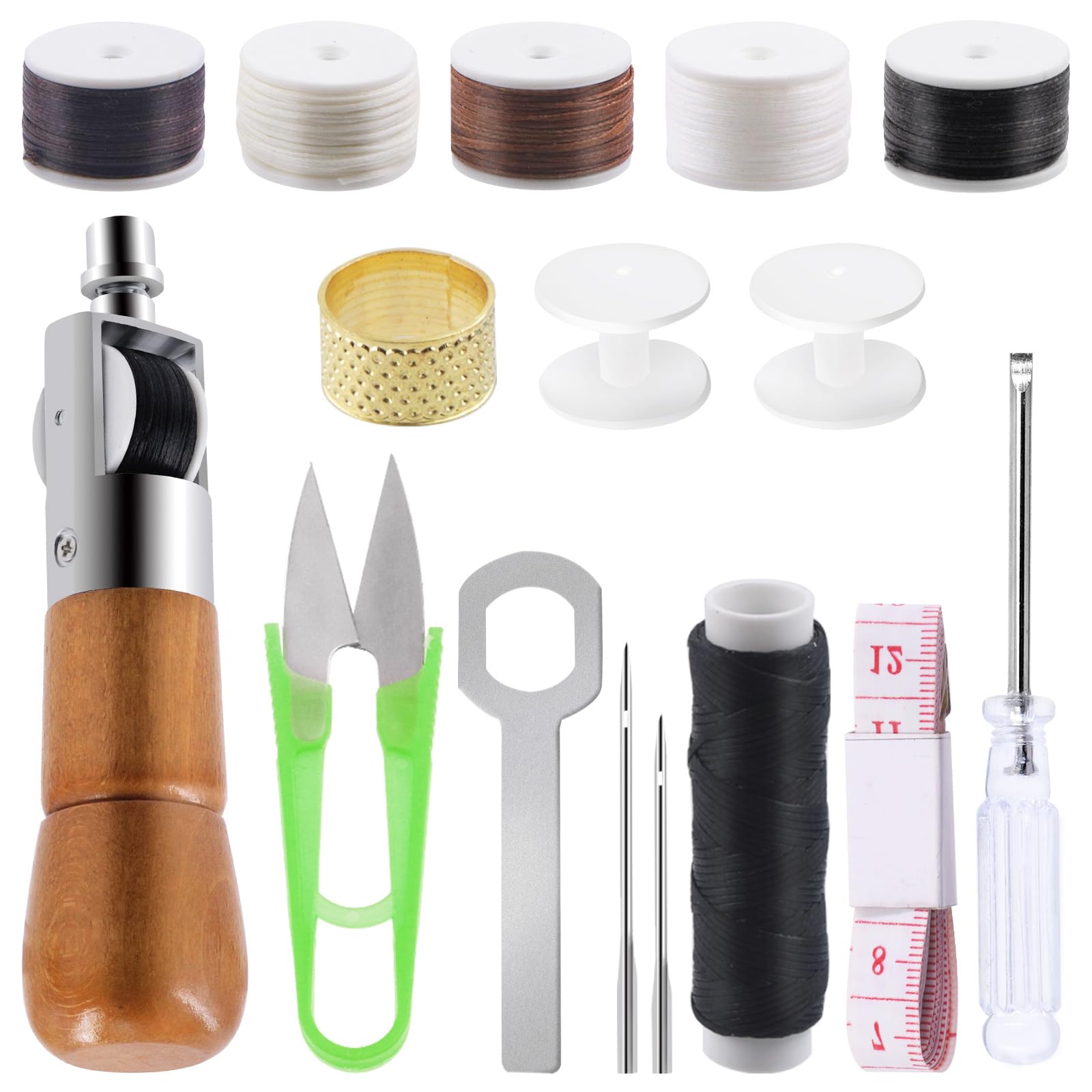 Swpeet 16Pcs Leather Sewing Awl Craft Kit Including Handheld Sewing Repair Awl, Waxed Thread, Flat Wax Cord, Screwdriver, Straight Needles, Measuring Tape, Scissors, Thimble, Spools, Wrench for DIY