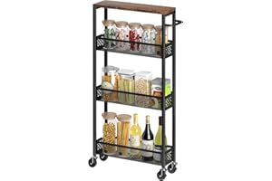 XYZLVSI Slim Storage Cart 4 Tier Narrow Kitchen Rolling Cart on Wheels for Small Space, Mobile Utility Cart Shelving Unit with Wooden Top and Metal Handle for Kitchen, Bathroom, Laundry Room