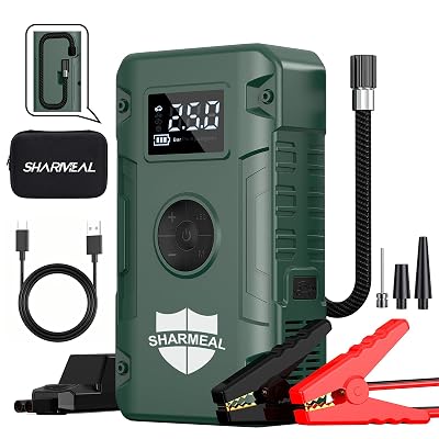 Sharmeal Jump Starter 6000A,12V Car Battery Jump Starter with Air Compressor (Up to All Gas or 10.0L Diesel Engine), Battery Booster with 3 Modes Flashlight and Jumper Cable(Green-6000A)