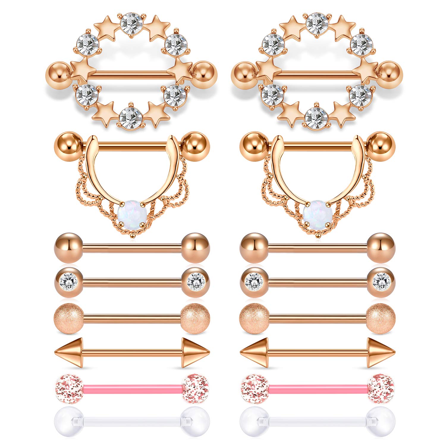 Rajnard 14G Nipple Rings Stainless Steel Nipplerings CZ Opal Tongue Shield Barbell Rings Retainer Body Piercing Jewelry for Women 8 Pairs