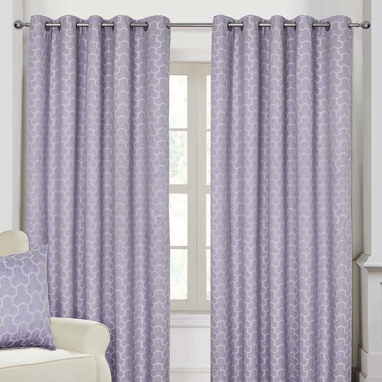 HOMESCAPES Lilac Geometric Blackout Curtains Pair Width 167cm (66") x 182cm (72") Drop Genuine 3 Pass Blackout Lining Heavy Weight Jacquard Eyelet Curtain