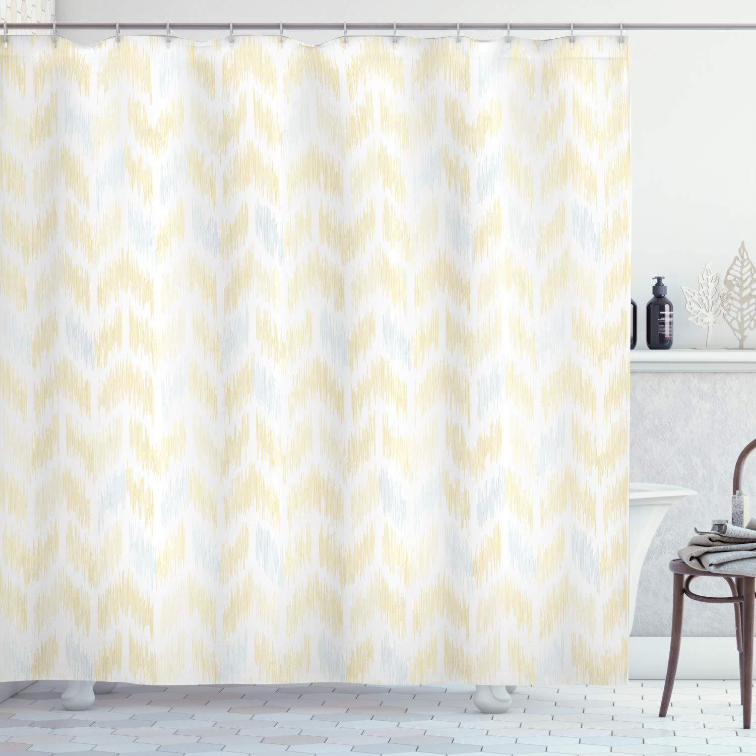 ABAKUHAUS Yellow Chevron Shower Curtain, Ikat Style Abstract Sketchy Looking Faded Zigzag Motif Tile, Cloth Fabric Bathroom Decor Set with Hooks, 78 Inches, Marigold Pale Blue White