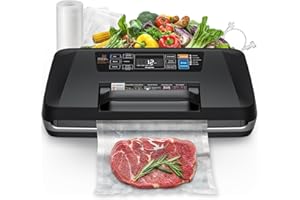 ROUUO 95kpa Vacuum Sealer, Commercial Fully Automatic Food Sealer, Powerful Sealing System, Double Heat Seal, Built-in Cutter and Bag Storage, 1 Roll Bag and 10 Precut Bags