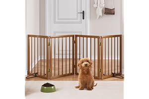 Mino Kesper Freestanding Pet Gate Foldable 4 Panel Dog Gate Walnut Dog Gates for Stair Doorways House Indoor (2 Support Feet Included)