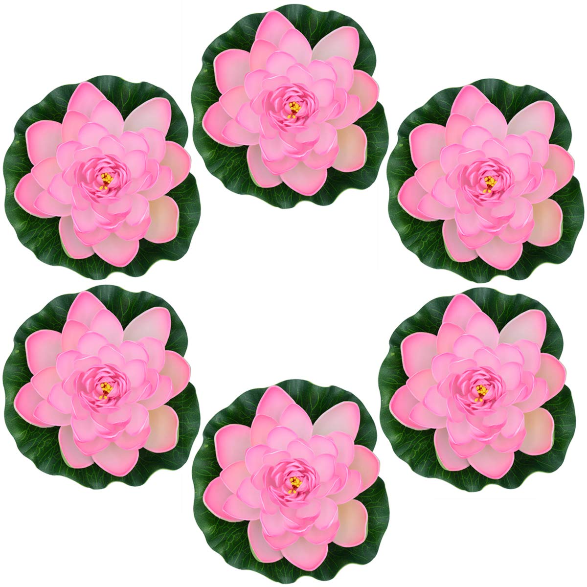 Famgee 7 Inches Artificial Lifelike Floating Foam Lotus Flower Water Lily for Garden Pond Decor, Set of 6 (Pink)