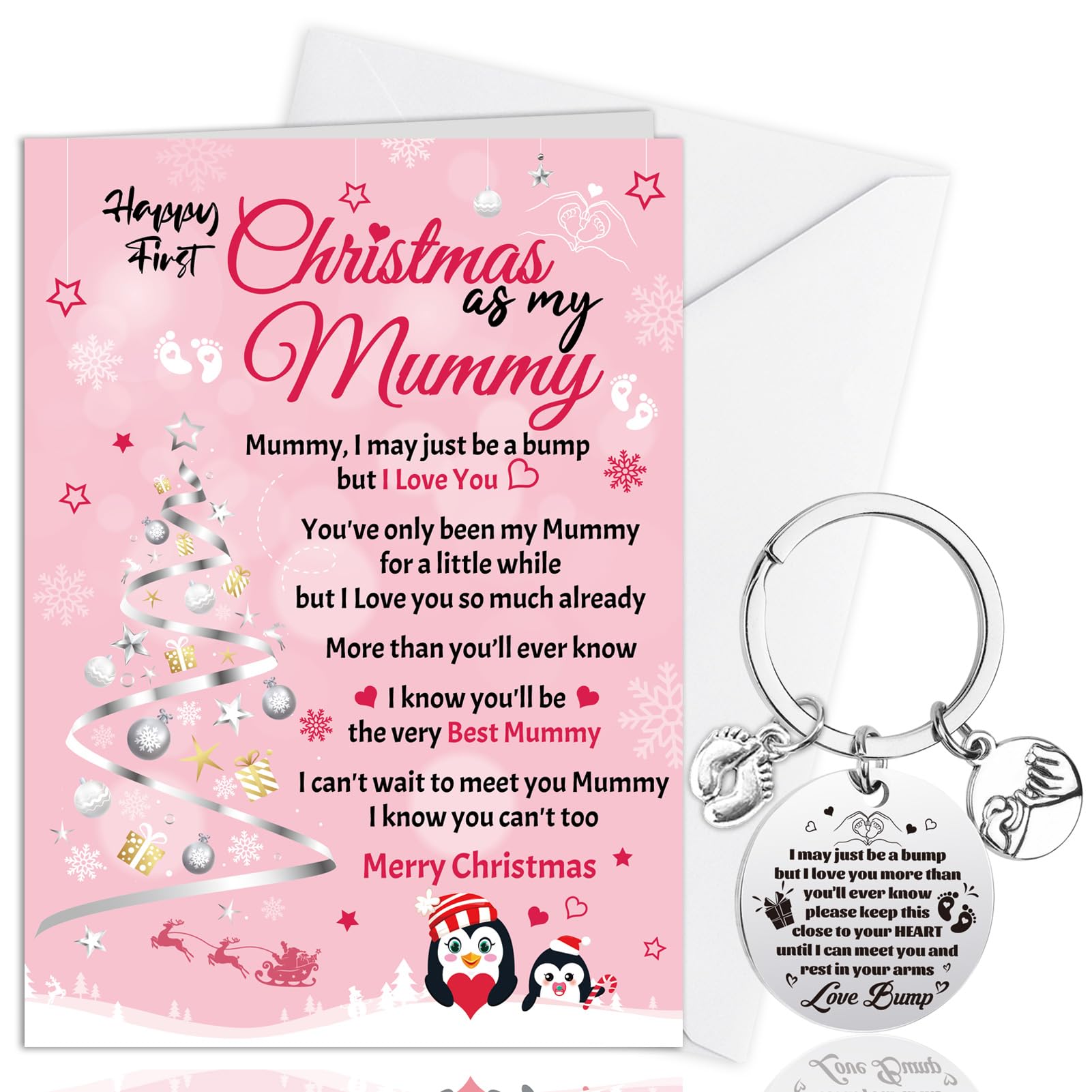 HOWAF Happy First Christmas Card as My Mummy Card, Baby's First Christmas Card from Bump & Keyring, Xmas Gifts for Mummy Mum