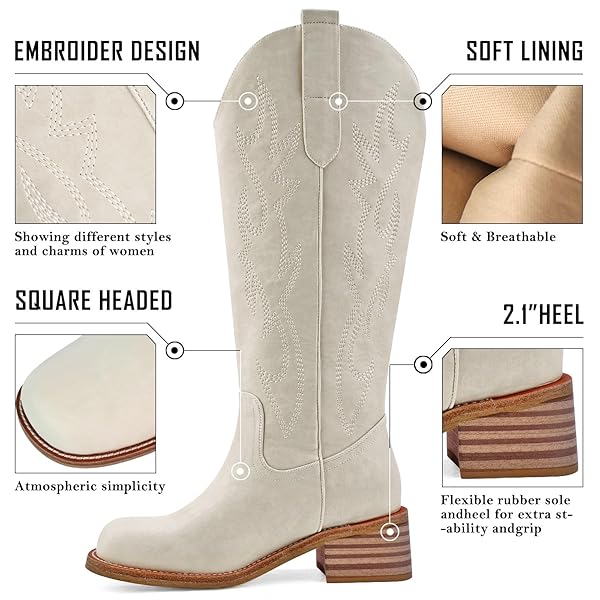 VBDB WHITE COWBOY BOOTS FOR WOMEN WIDE CALF COWGIRL KNEE HIGH WESTRN BOOTS – WITH SIDE EMBROIDERED SLIP ON SQUARE TOE CHUNKY HEEL RETRO CLASSIC TALL BOOT PULL ON FOR LADIES FALL WINTER SIZE 8