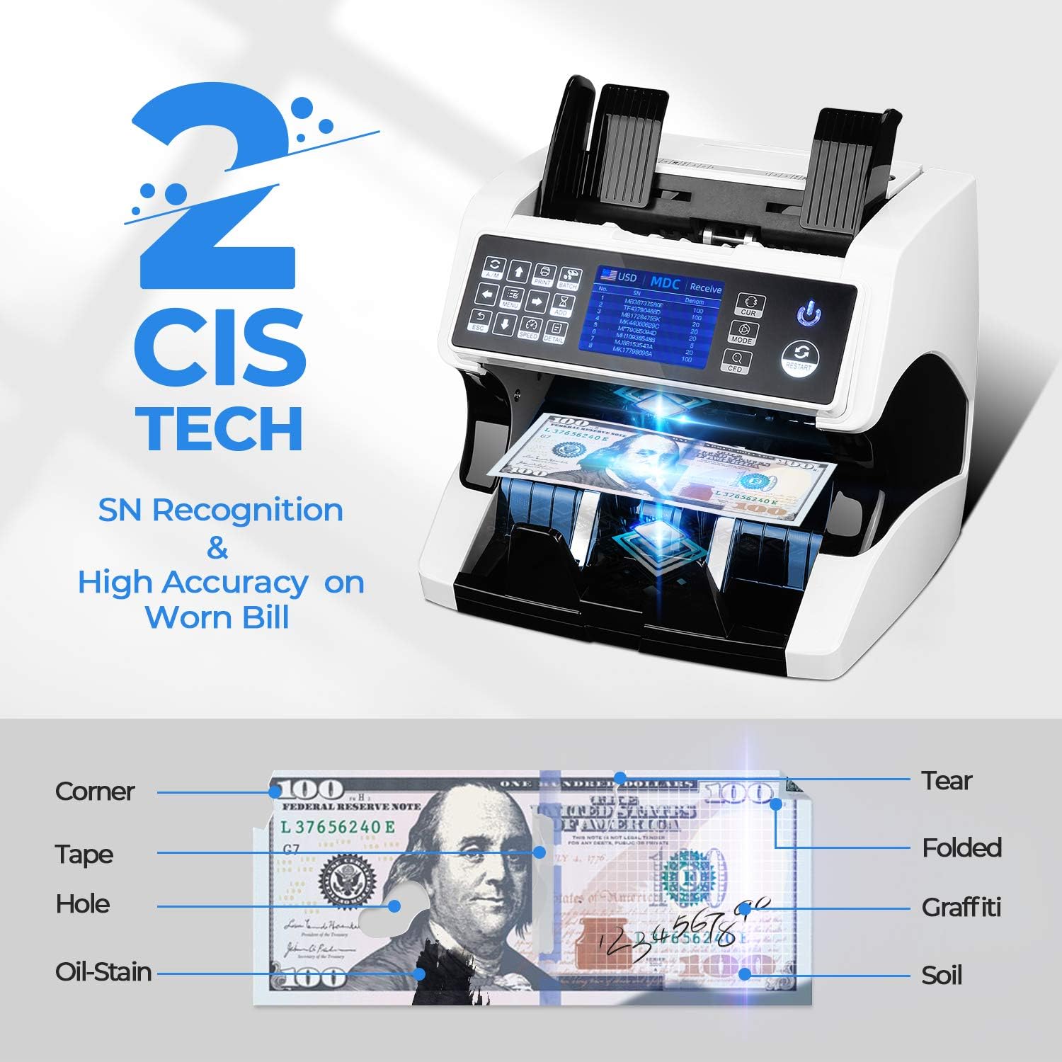 MUNBYN Bank Grade Money Counter Machine Mixed Denomination, Value Counting, Serial Number, Multi Currency, PC/Printer Enabled 11 Counterfeit Detection Cash Counter Machine with Bill Recognizes : Office Products