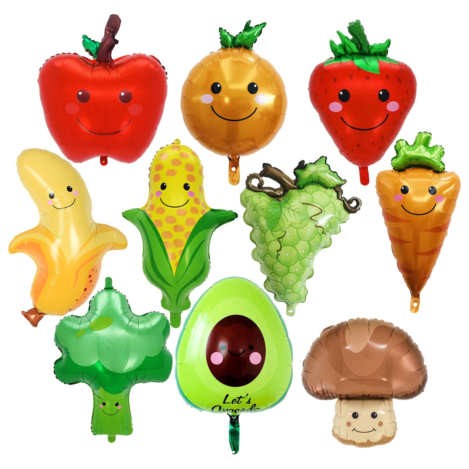 Photo 1 of 10 Pcs Fruit Balloons and Vegetable Balloons - Large Apple Orange Strawberry Grape Mushroom Banana Avocado Corn Carrot Broccoli Mylar Foil Balloons, Fruit Theme Birthday Party Decorations Supplies