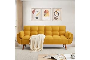 Homies Life Convertible Futon Sofa Bed, Linen Sleeper Couch, 75" W Modern 3 Seater Tufted Sofa with Adjustable Backrests and Soild Wood Legs for Living Room, Bedroom, Small Space, Yellow