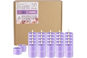 Wfmolcand 50 Pack Bulk Lavender Scented Tealight Candles in Clear Cup, Purple Wax Votive Candle for Birthdays Weddings Churches Anniversaries & More（8 Hour）