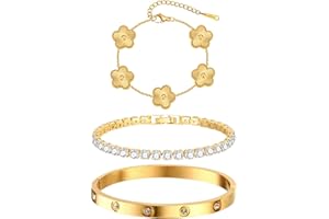 Women Tennis Bracelet Set- Stainless Steel Flower Gold Plated Bangle, Dainty 4mm Cubic Zirconia Classic Tennis Bracelets, 15-