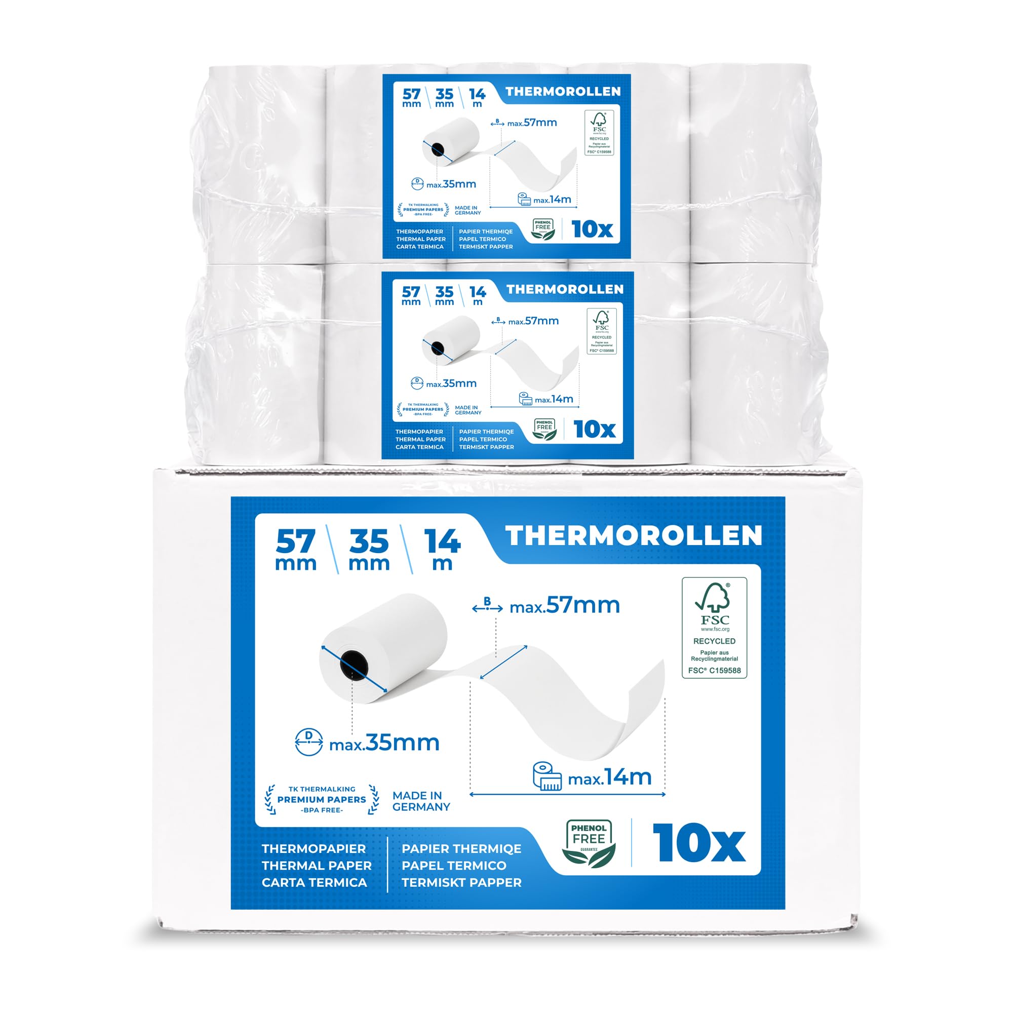 EC Cash Thermal Paper Rolls, Width 57 mm, Diameter 35 mm, Sleeve Diameter 12 mm, Length 14 m, Ideal for Receipts, Electronic Payment Terminals and More