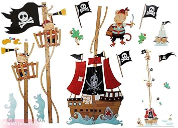 WandSticker4U- Wandtattoo Messlatte'Piratenschiff' | H: 1,58M | Wandsticker Wandaufkleber Piraten Piratenflagge Deko für Kind