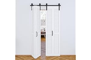 Lakenyon 48in(Double 24") x 84in Bi-Fold Sliding Barn Door, Folding Doors, Louver Closet Door with Hardware, 4.3FT Track for 4 Doors, DIY Assembly, MDF, White