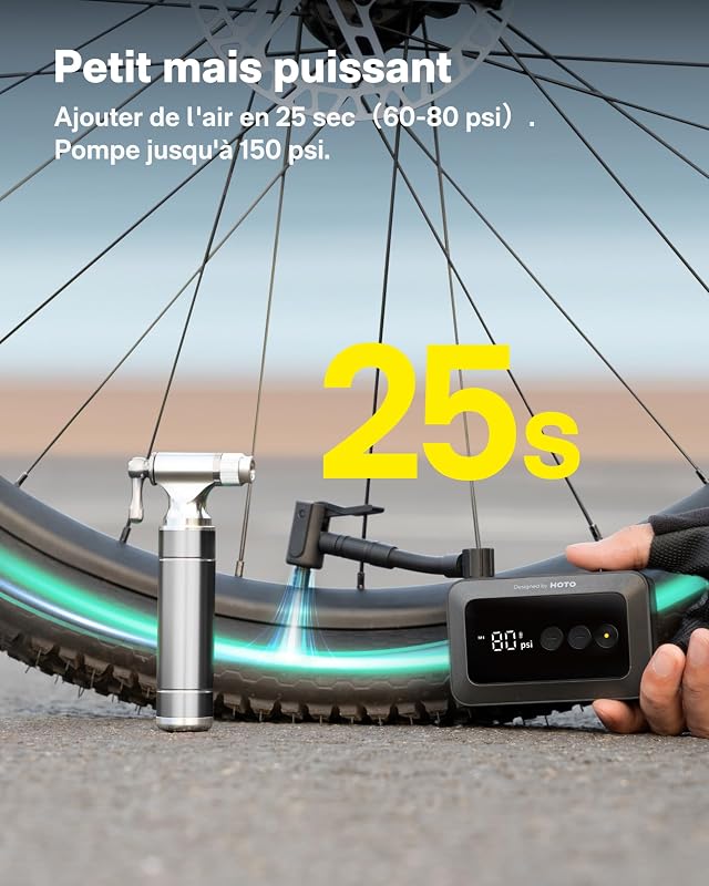 Mini Pompe à Vélo - Gonflage Rapide 25s avec Manomètre, Arrêt Auto