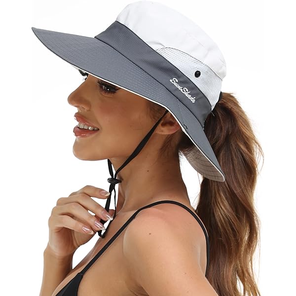Women Sun Wide Brim UV Protection Fishing Hats Foldable Ponytail