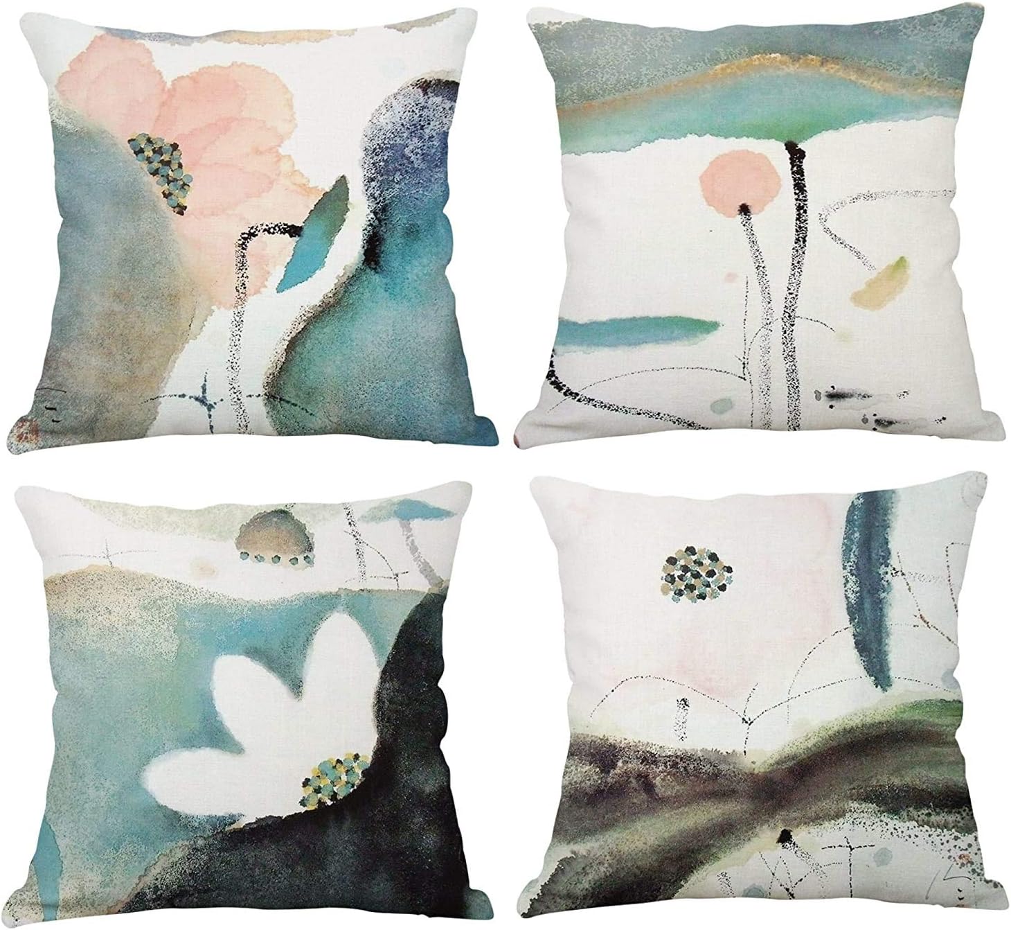 YeeJu Set of 4 Lotus Plant Decorative Throw Pillow Covers Cotton Linen Square Cushion Covers Outdoor Couch Sofa Home Pillow Covers 22x22 Inch