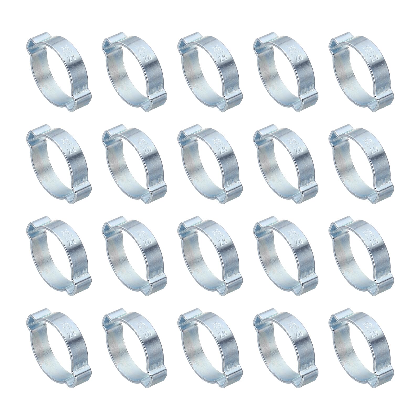 PATIKIL 20 Pack 25-28mm Double Ear Hose Clamp, Galvanized Steel O Clip Crimp Rings for Fuel Petrol Pipe Tube Fitting Connections, Silver Tone