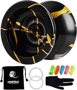 MAGICYOYO N11 Professional Unresponsive Yoyo N11 Alloy Aluminum YoYo Ball (Black with Golden) with Bag, Glove and 5 Strings