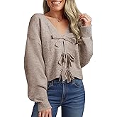Saodimallsu Womens Bow Sweater Cropped V Neck Long Sleeve Fall Cozy Knit Loose Trendy Pullover Sweaters