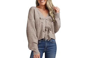Saodimallsu Womens Bow Sweater Cropped V Neck Long Sleeve Fall Cozy Knit Loose Trendy Pullover Sweaters