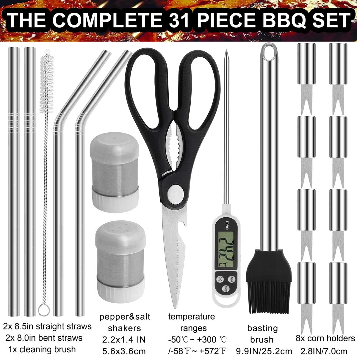 grilljoy 31PC Heavy Duty BBQ Grilling Accessories Grill Tools Set - Stainless Steel Grilling Kit with Storage Bag for Camping, Tailgating - Perfect Barbecue Utensil Gift for Men Women : Garden & Outdoor