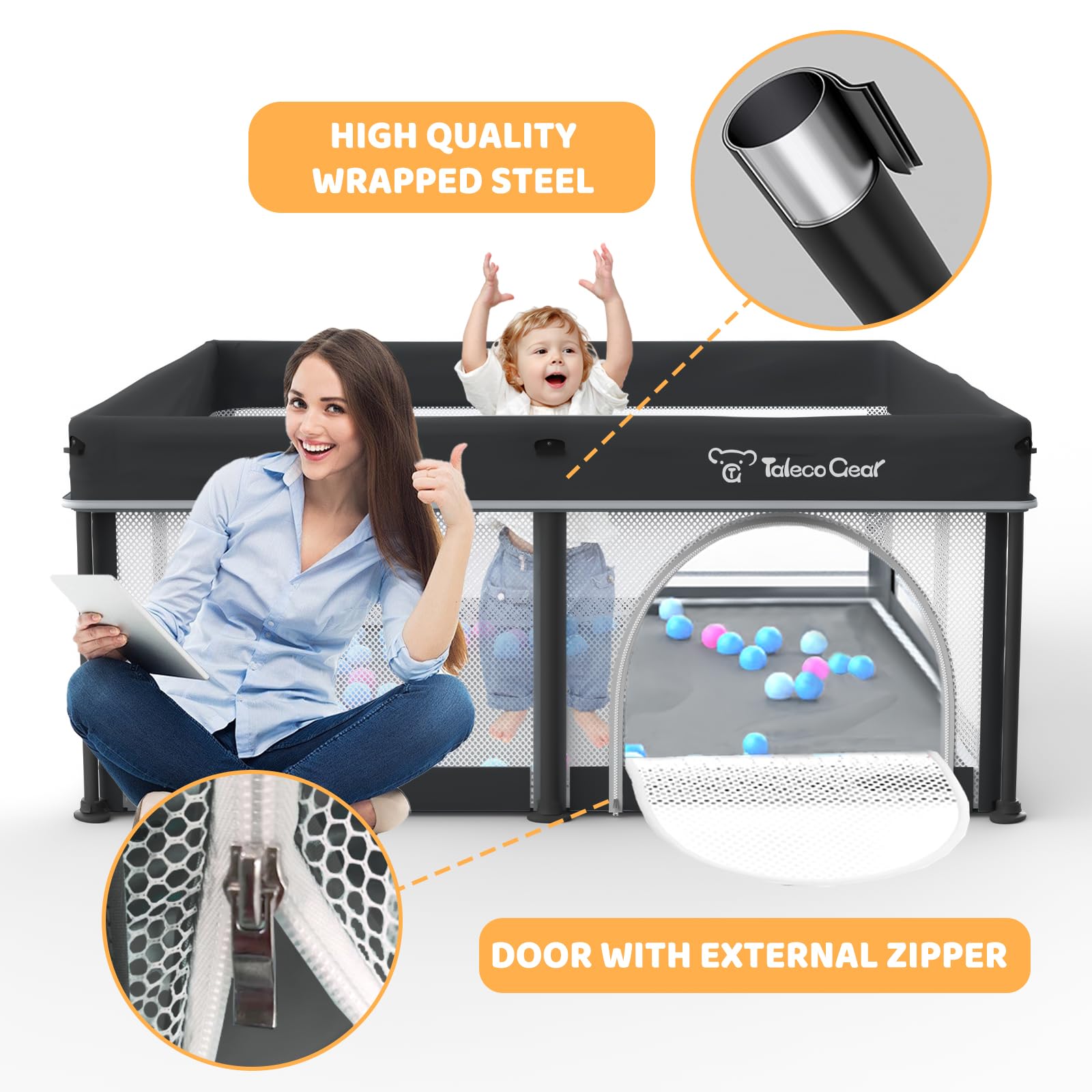 Taleco Gear Foldable Baby Play Pen with Mat, 50''x50'' Playpen for Babies and Toddlers, Playpen for Baby with Gate, Breathable,Foldable Travel Play Pen with 50 Ocean Balls