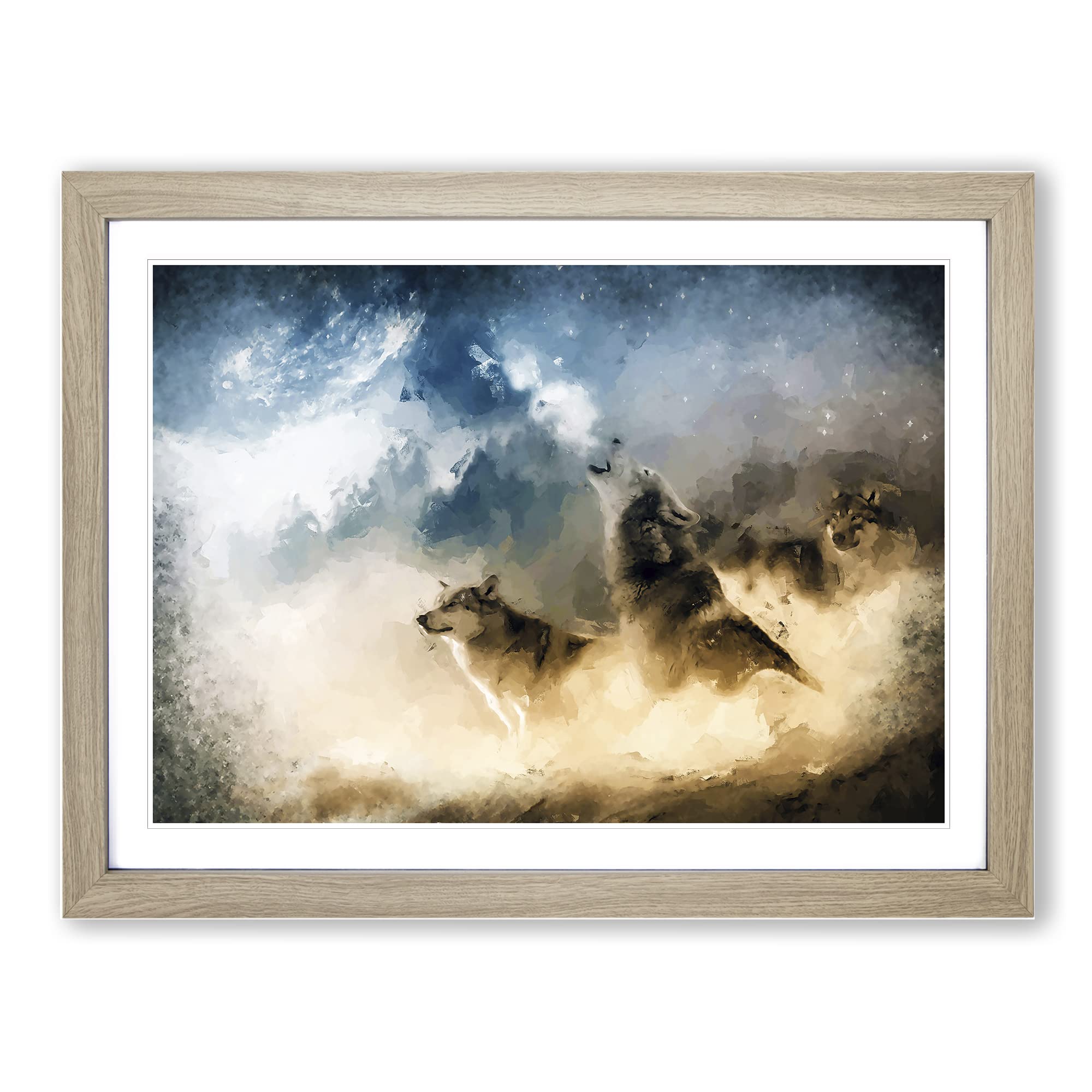 Wolves Howling In The Forest In Abstract Modern Art Framed Print | A3 Oak Framed Wall Art | Ready to Hang | Abstract Landscape Picture | Living Room Bedroom Lounge Office