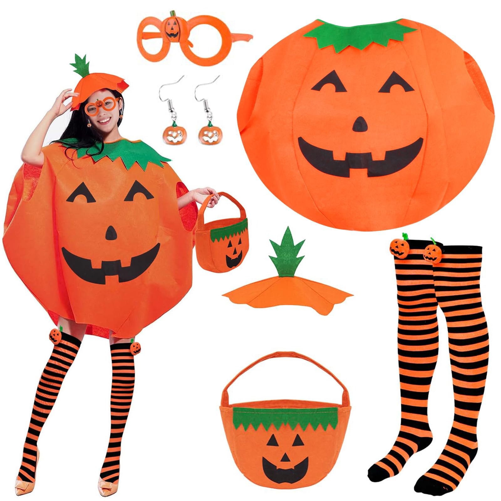 Pumpkin Costume Set - 6 PCS Includes Costume, Sweet Bags, Hat, Stockings, Earrings, Glasses - Adults' Fancy Dress for Halloween & Carnival