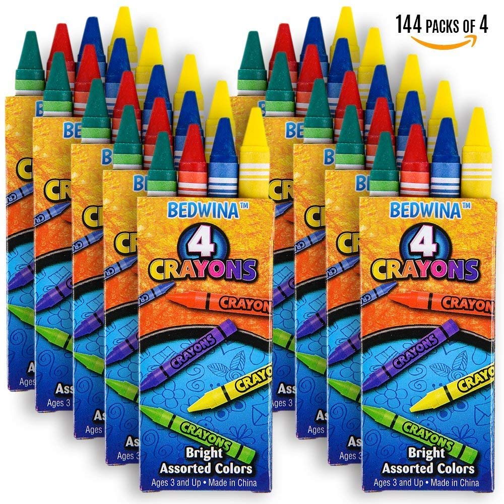 Bedwina Bulk Crayons - 576 Crayons - Case of 144 4-Packs, Premium Colors Bulk School Supplies for Kids and Toddlers Non-Toxic for Party Favors, Restaurants, Goody Bags, Stocking Stuffers