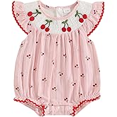 baorji Smocked Newborn Baby Girl Clothes Cherry Embroidery Bubble Romper Ruffle Sleeveless Onesie Cherry Summer Outfit