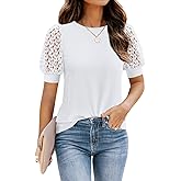 DOROSE Women's Puff Sleeve Tops Lace Casual Loose Summer Blouses T Shirt