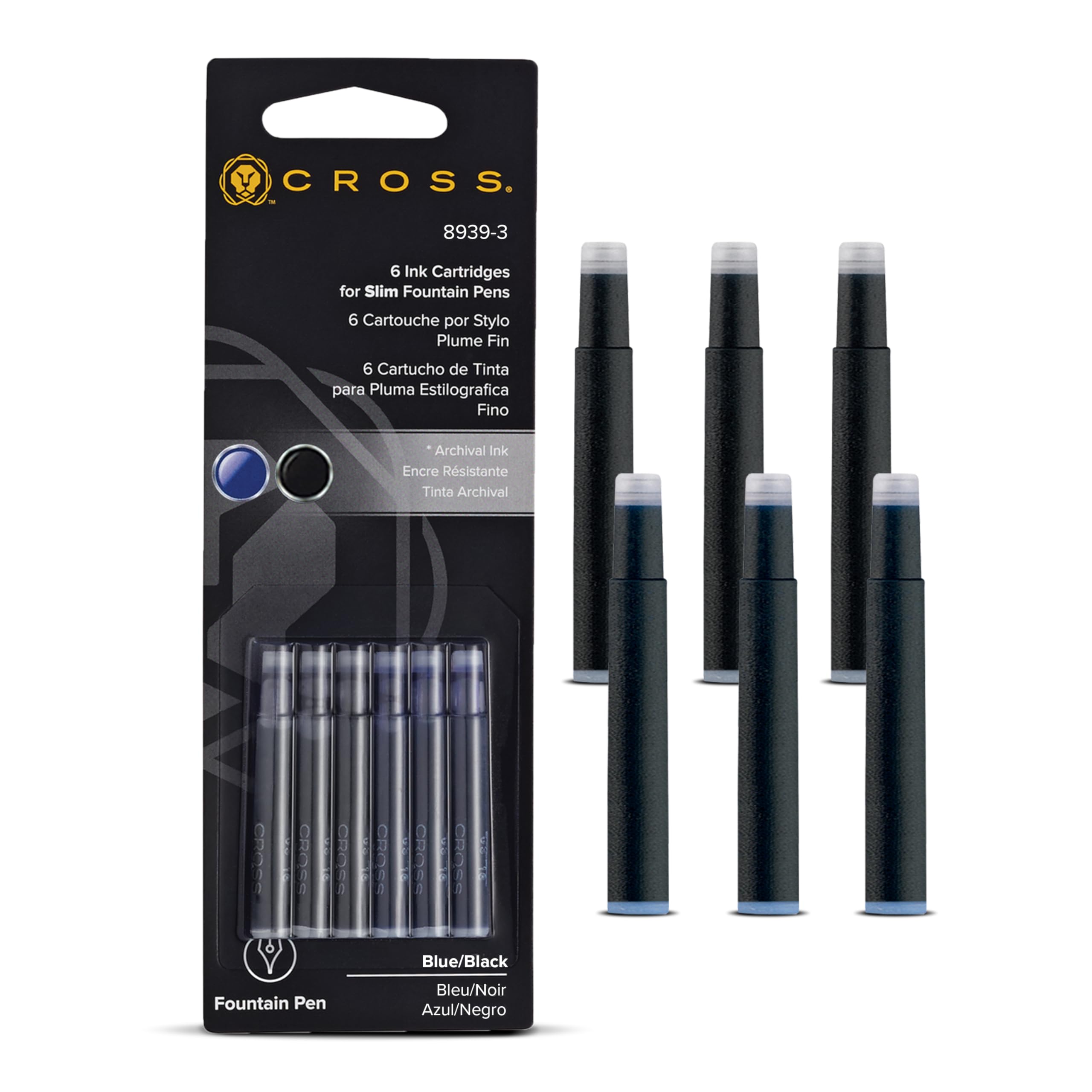 Cross 8929-3 Original Refill for Slim Fountain Pens, Suitable for Cross Spire Fountain Models, 6 Pack, Blue/Black