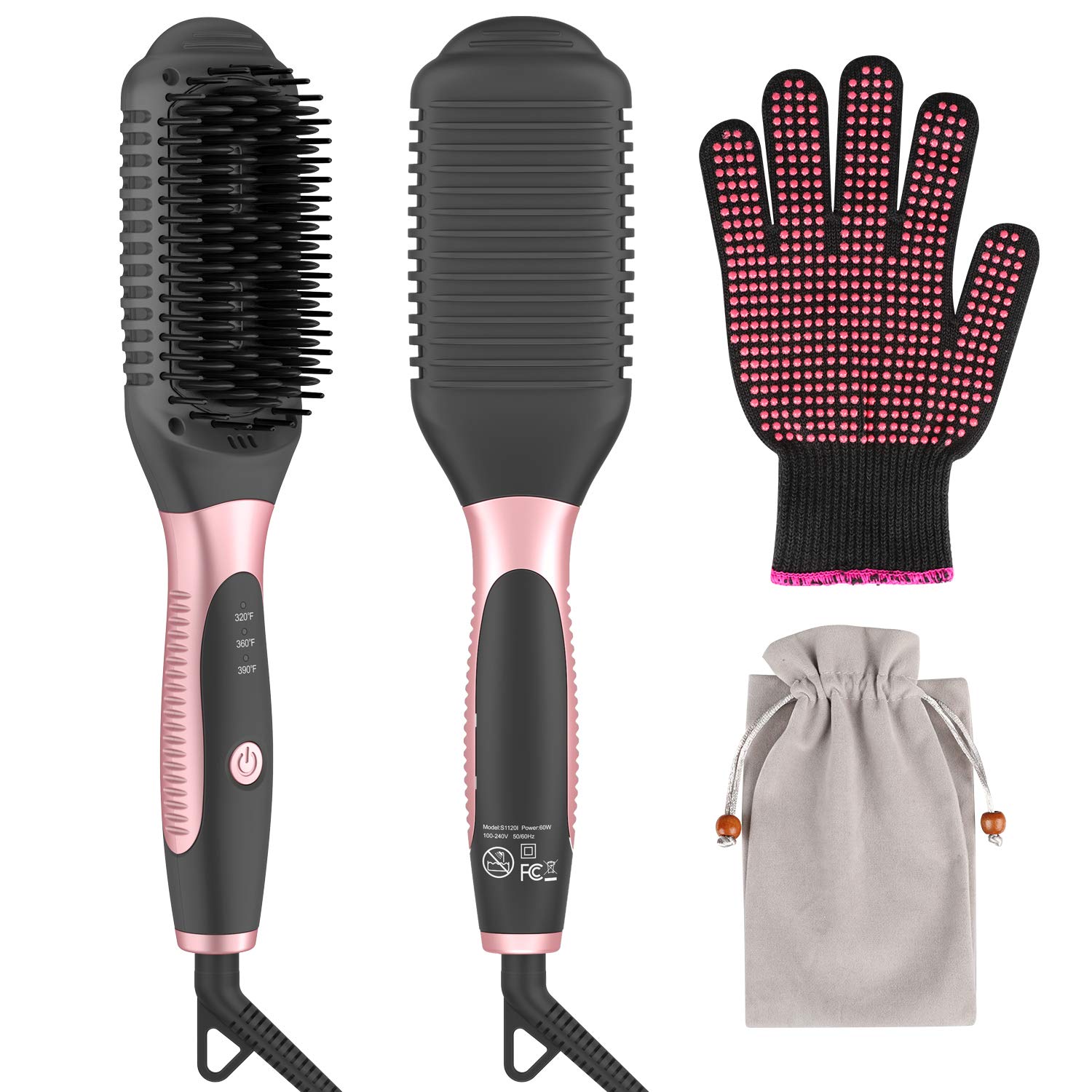 Bongtai Hair Straightener Heat Brush, 2-in-1 Ceramic Ionic Straightening Brush, Hot Comb with Anti-Scald Feature, Auto Temperature Lock & Auto-Off Function hot comb hair straightener(Pink)