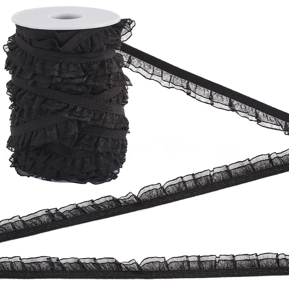 GORGECRAFT 20M 2-Layer Elastic Lace Trim 1.5cm Pleated Chiffon Ruffled Stretch Ribbon Gathered Lace Edge Trimming for Hair Tie Headband Wedding Gift Wrapping Sewing Crafts Home Decor Black