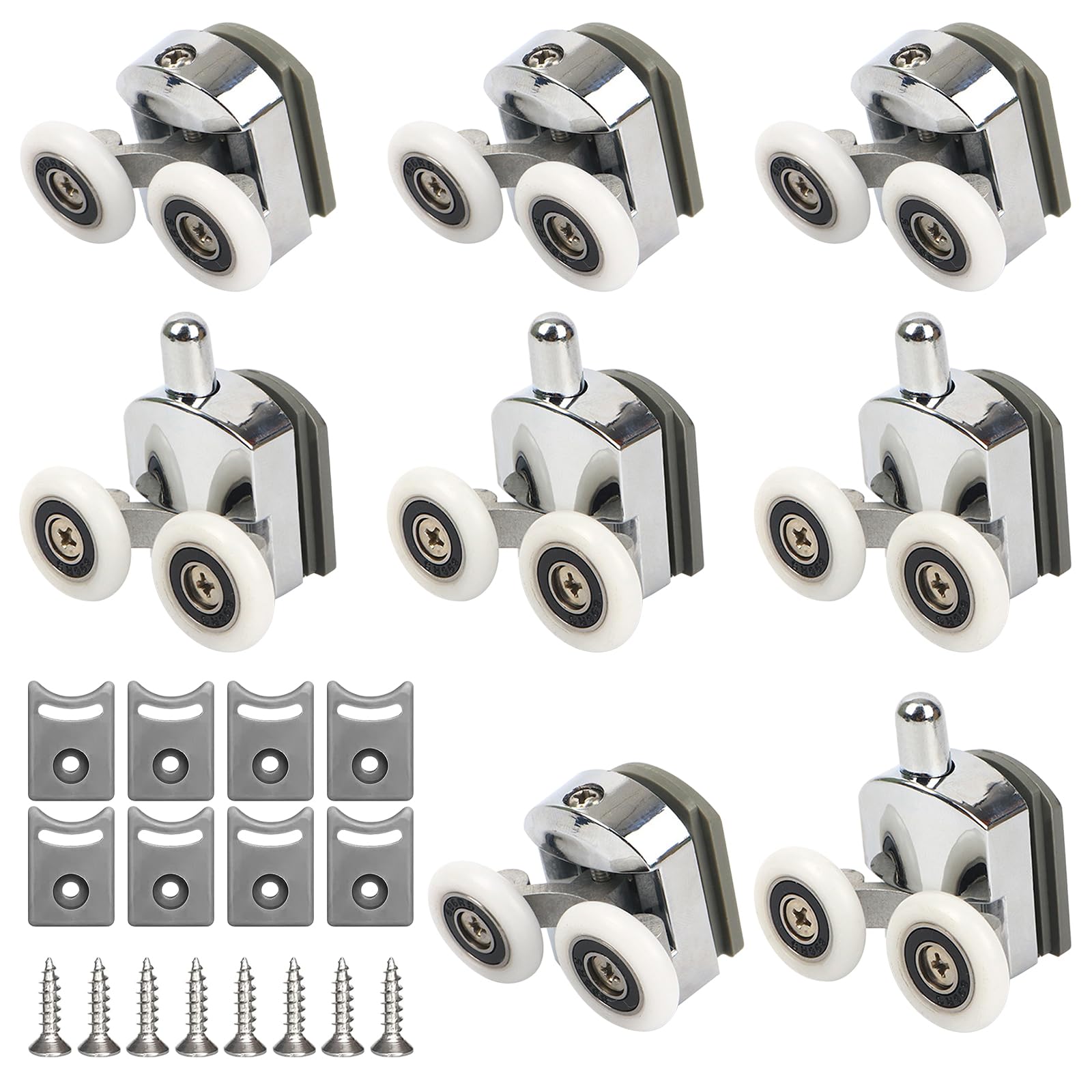 Curved Shower Door Rollers, 8pcs Shower Glass Door Rollers, Replacement Shower Door Wheels with Anti-Collision Block and Screws Chrome, Shower Roller Wheels for Curved Bathroom Showerroom Doors (25mm)