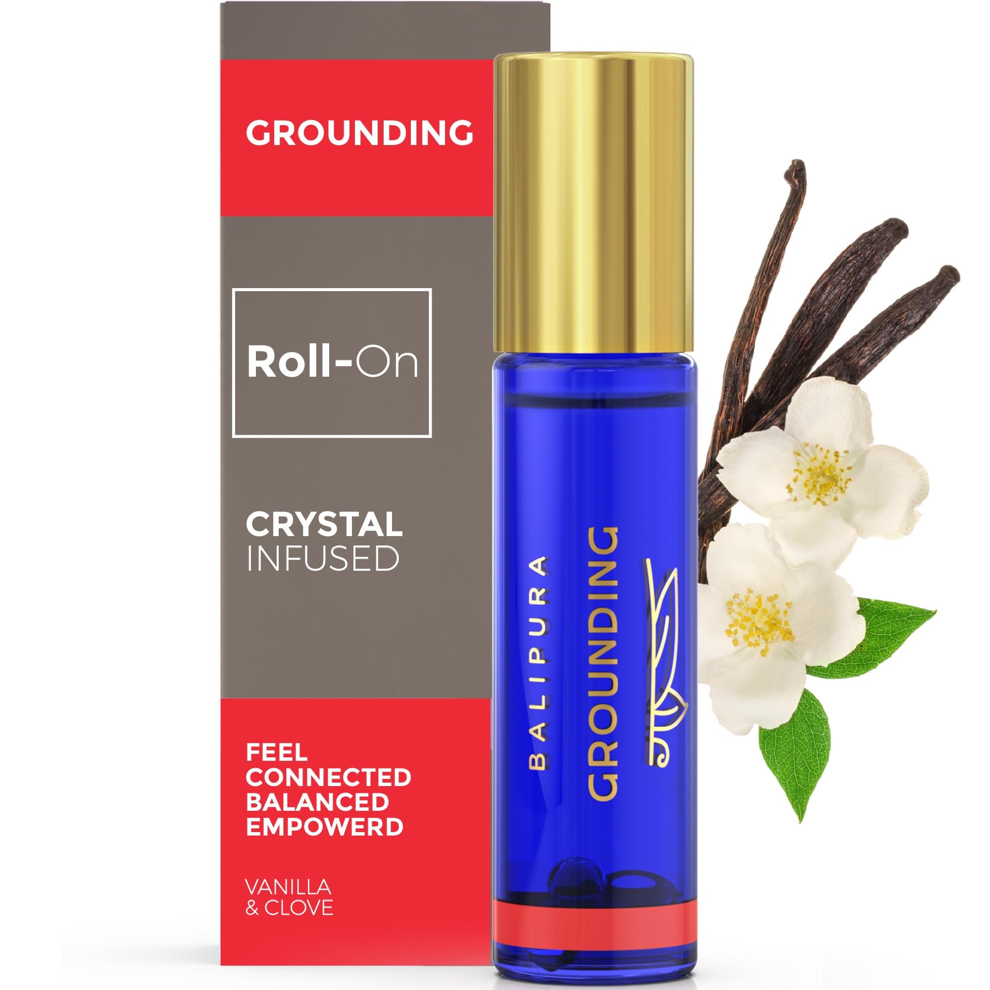 BALIPURA - Grounding Crystal Roll On - Natural Healing Roller Ball with Infused, Healing Crystal & Gemstones - Vanilla & Clove Essential Oils Blends, 0.34 floz