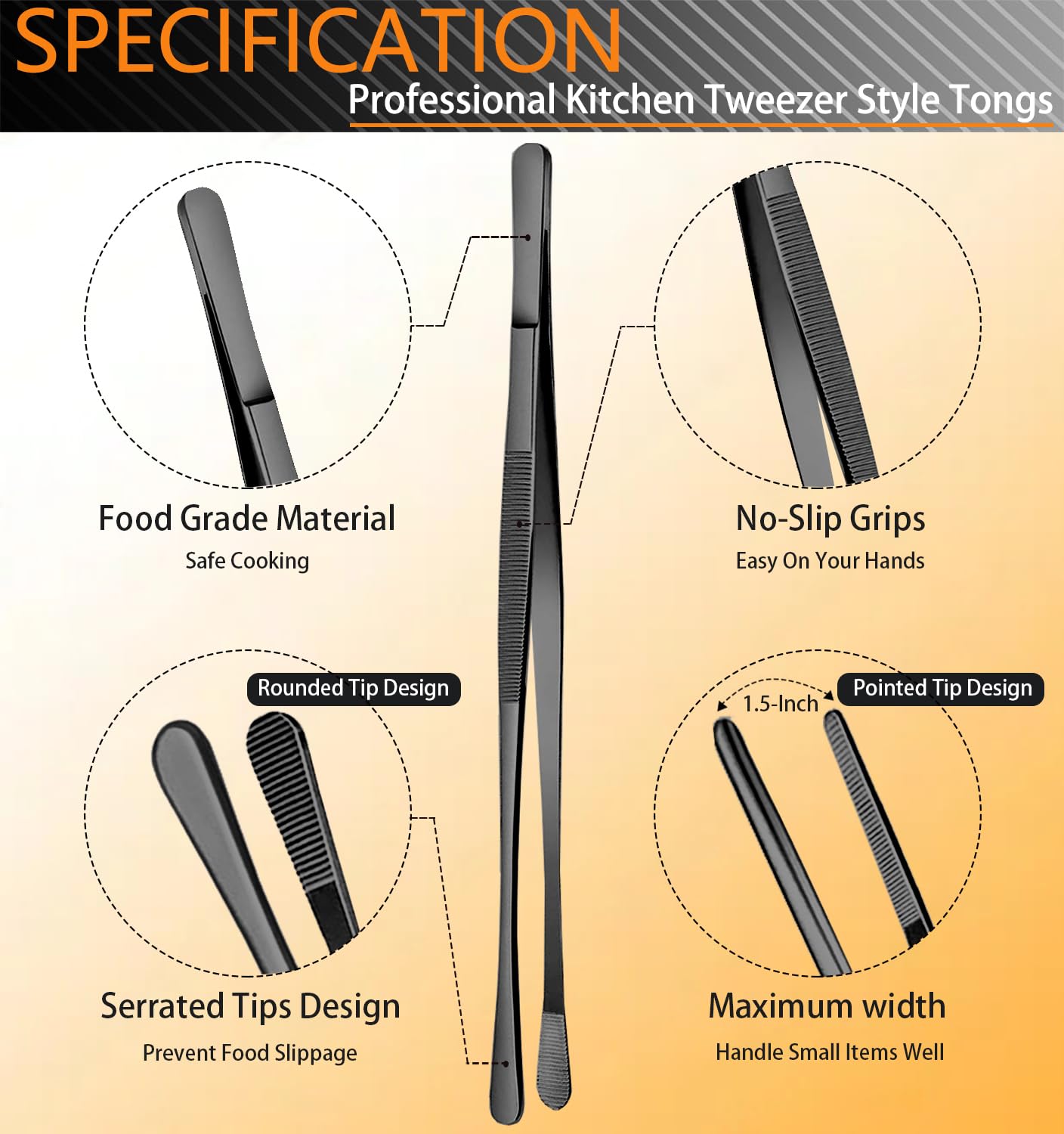 JETKONG 6 Pcs Cooking Tweezer Tongs, 12'' and 6.3