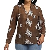Women's Long Sleeve Sheer Floral Embroidered See Through Button Down Blouse Lightweight Boho V Neck Shirts
