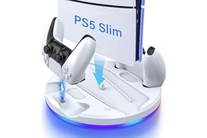 JAVRUNWOF PS5 Slim Stand-and-Dual-Controller-Charging-Station-for-PlayStation 5-Slim-Console-Disc&Digital Edition, Cool RGB PS5 Vertical Stand with Controller Charger, PS5 Holder Base Accessory Screw, White
