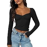 TiulZial Women's Long Sleeve Going Out Crop Top Sexy Pleated Trendy Shirt Sweetheart Neck Y2K Ruched Cropped Tops