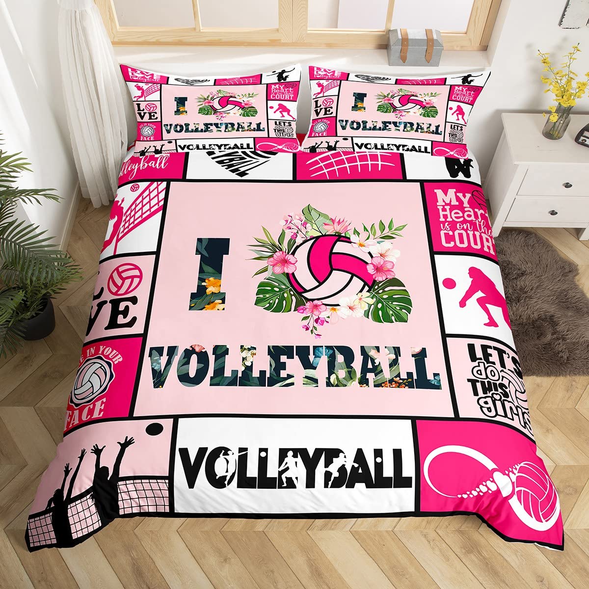 Manfei Volleyball Duvet Cover Set Single Size, Sports Theme Comforter Cover with 1 Pillowcase, Geometric Checks Pink Grid Bedding Set 2pcs for Kids Boys Girls Room Decor, Ball Gaming Bedspread Cover — image 1
