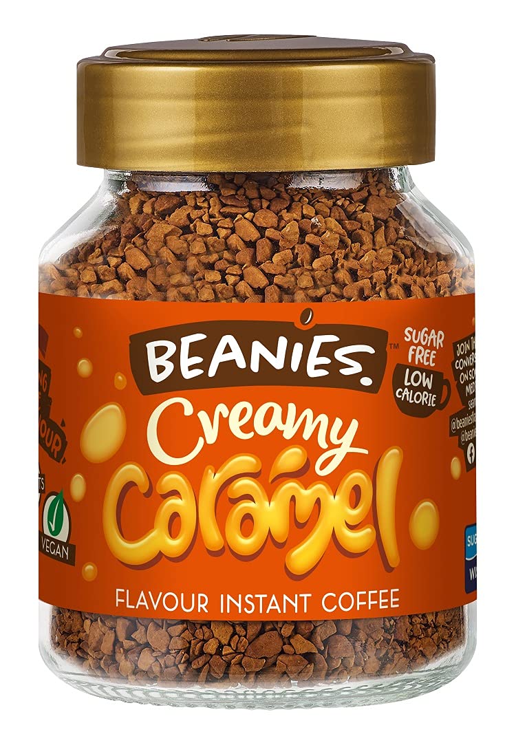 Beanies Instant Coffee Flavoured 50g, Freeze-Dried Granules, Quick & Easy to Brew, Nut-Free, Premium Taste,Rich in Flavour, Low-Calorie, Sugar-Free (50g, Creamy Caramel)