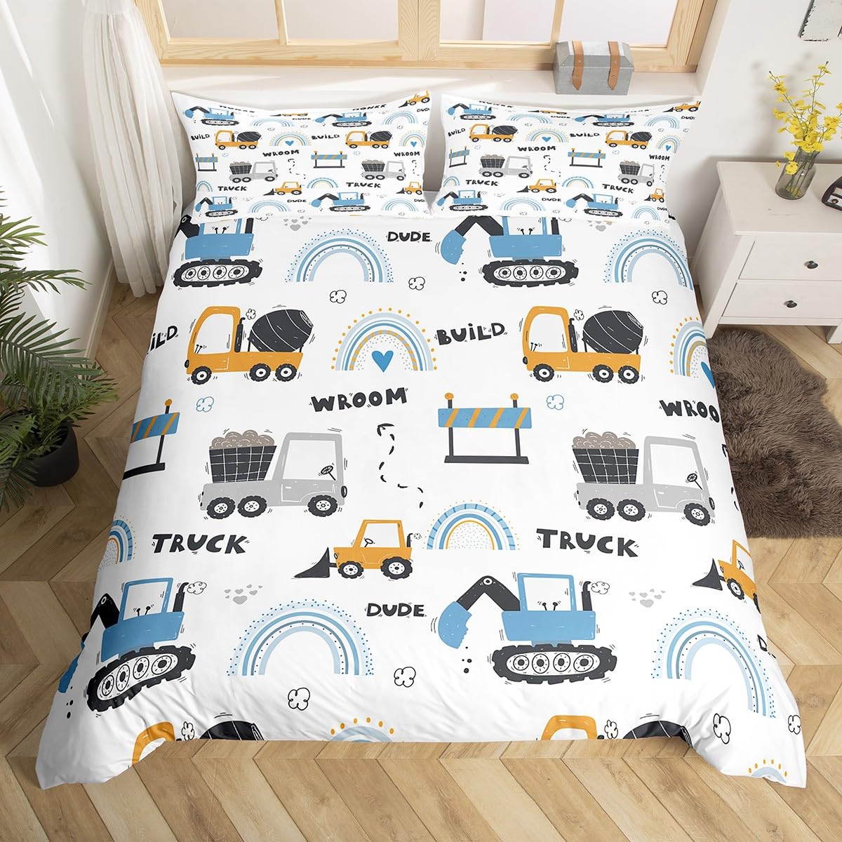 Manfei Truck Duvet Cover Set Single Size, Construction Car Comforter Cover with 1 Pillowcase, Cartoon Blue Rainbow Bedding Set 2pcs for Kids Boys Girls Bedroom Decor Excavator Tractor Bedspread Cover