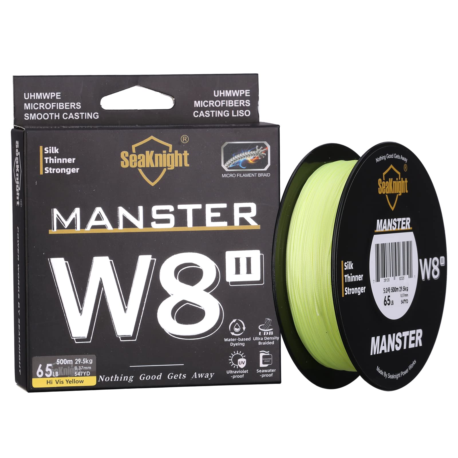 Seaknight W8 II 8 Strands Braided Lines 500M Smooth PE Braid Multifilament Wire Carp Fishing Lines Double Coating UV-proof Saltwater-proof Fishing Line for Sea Fishing 15-100LB